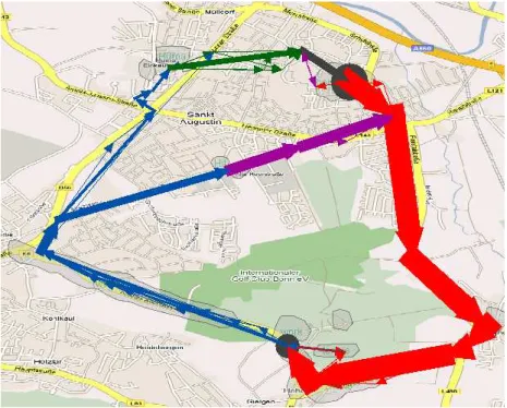 Fig. 8. A result of clustering and summarization of movement data: the routes between the significant places.