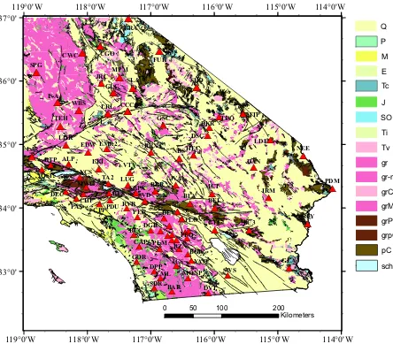 Figure 1.1 Geological map of Southern California with hard-rock SCSN stations marked. Col-ors represent the rock types and the red triangles are ths SCSN stations along with their names.Q, P, M, E, Tc are Cenozoic sedimentary rocks