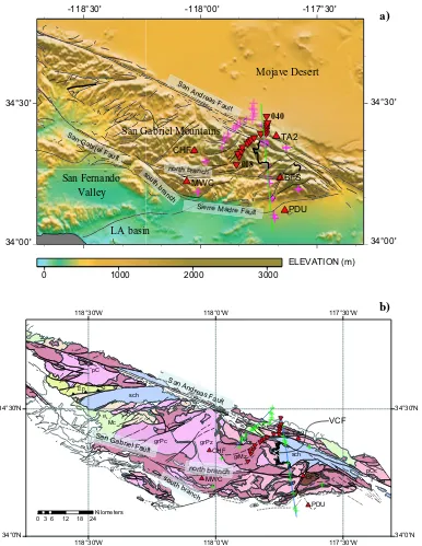Figure 4.1 Topographic and revised geologic maps for the San Gabriel Mountains. In bothmaps, red triangles are the SCSN stations, red inverted triangles are the LARSE I stations.