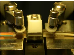 Figure 16 shows a photograph of the pigtailed and PLC based on Microrings. The PLC device is butt-coupled to 