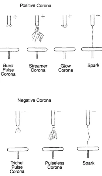 Figure 2.9: plasma status at different stages both for positive and negative corona discharge in a point-plate electrode apparatus [31] 