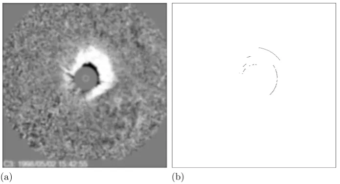 Figure 4: (a) Repetition of Fig. 1(b). (b) The corresponding result obtained from the Hough transform.