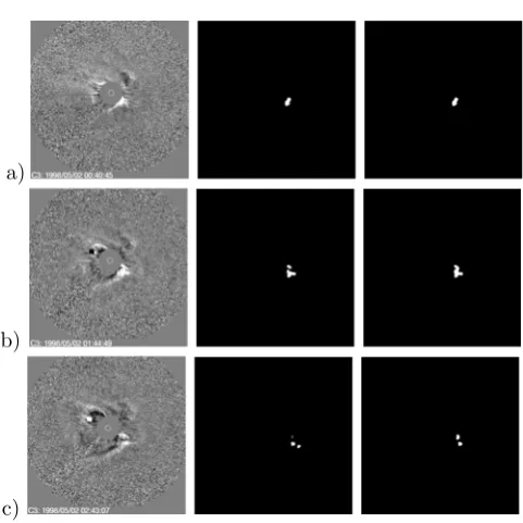 Figure 5: Original diﬀerence images, initial masks, andﬁnal masks of the CMEs (to be continued).