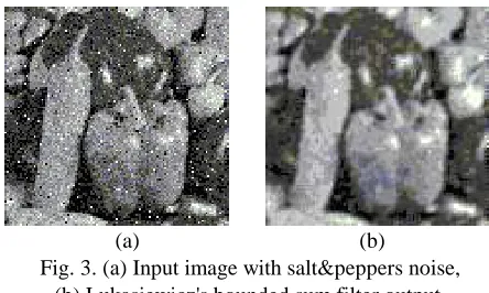 Fig. 3. (a) Input image with salt&peppers noise,  (b) Lukasiewicz's bounded sum filter output