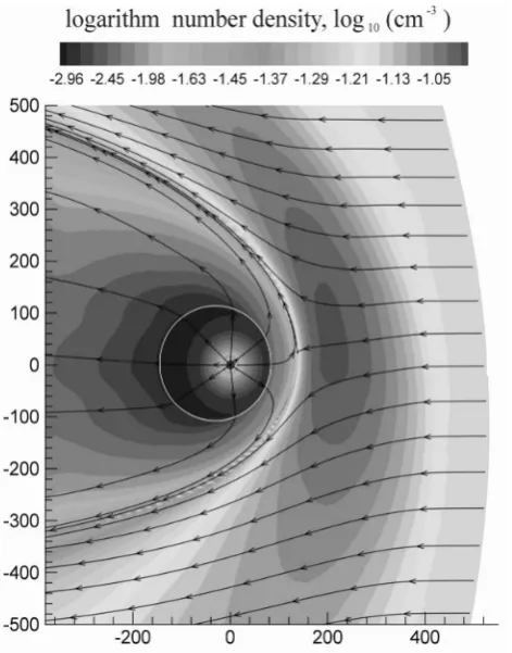 Fig. 4. Plasma density contours and plasma ﬂow lines are plottedfor the case of a ﬁnite interstellar magnetic ﬁeld B = 2.5µG ≥ 0.