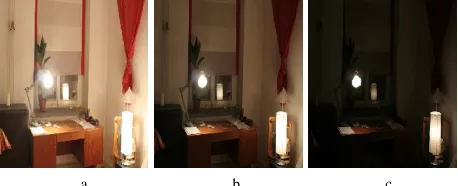 Figure 1: Example of bracketed exposure a) exposure time 1 sec, b) exposure time 1/4 sec, c) exposure time 1/15 sec