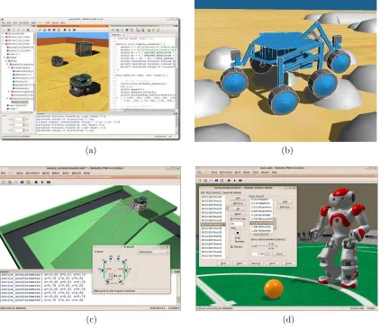 Figure 1.3:Webots, by Cyberbotics Ltd. is a commercial robot simulation package.Oﬀering a well-polished interface and enhanced visuals, Webots appears to be one of themost full-featured robot simulators that is commercially available