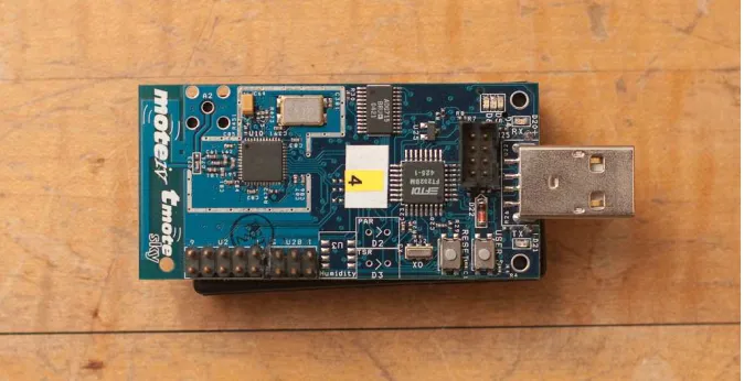 Figure 2.1:TMote Sky microcontroller/transceiver model by Moteiv. This unit hasa built-in inverted-F antenna, but can also accept other antenna types through an on-board connector