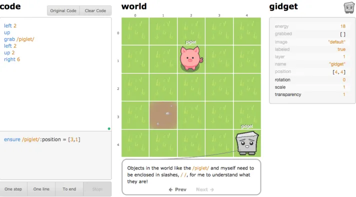 Figure 2.2 Gidget interface (Source: http://www.helpgidget.org/). Students write code to help a robotcalled gidget accomplish certain tasks.