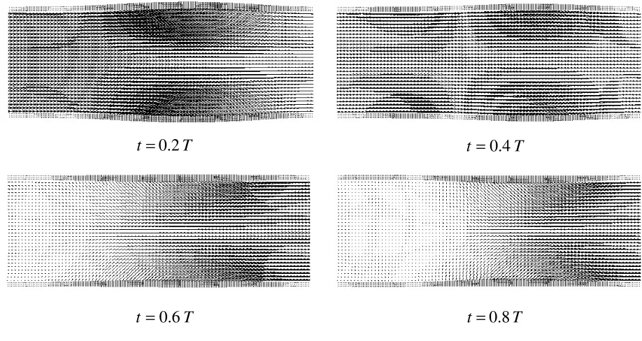 Fig. 2 Vector plot of velocity field at different stages of the flow pulse 