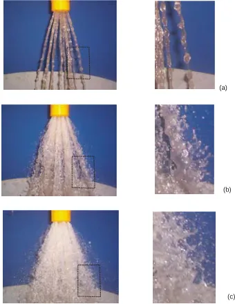 Fig. 8. Process of disintegration for model T-ORG: a) Laminar flow, b) transition regime and c) atomization