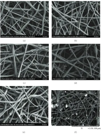 Figure 1: SEM micrographs of fibers at different compositions: (a) 7.5% (w/v) PCL; (b) 12.5% (w/v) PCL; (c) 7.5% (w/v) PCL with 10% (w/w)nHA; (d) 7.5% (w/v) PCL with 20% nHA; (e) 12.5% (w/v) PCL with 10% (w/w) nHA; (f) 12.5% (w/v) PCL with 10% (w/w).