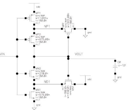 Figure 6.1 - Schmidt Trigger Schematic w/ Nominal Sizes 