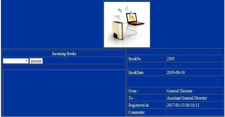 Figure(28). After granting authorization to enter system, the general manager can choose any book from the list of the incoming books and address any book as shown in 
