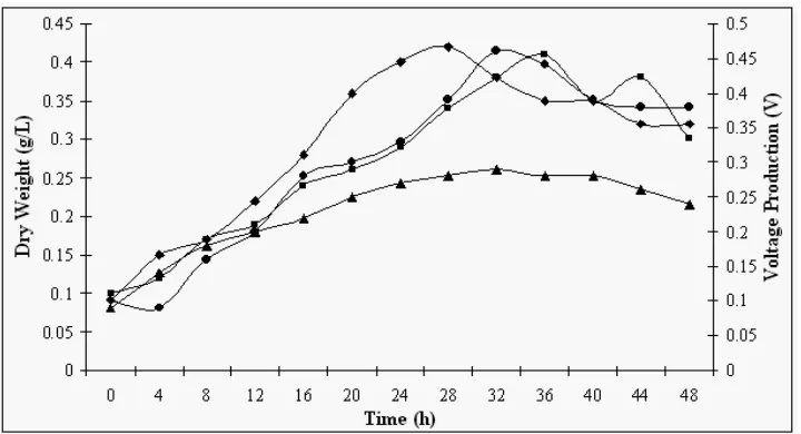 Figure 2: The growth characteristics and voltage production of Strain Bb and P9 grown under optimized conditions