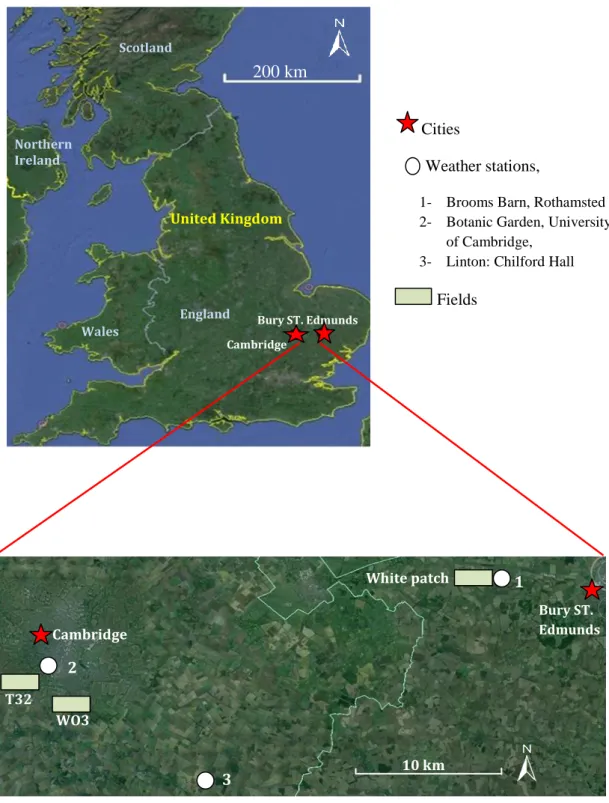 Figure 2.1: Study sites and the locations of the fields and weather stations overlaid on Google Earth  map in 8th of September 2014