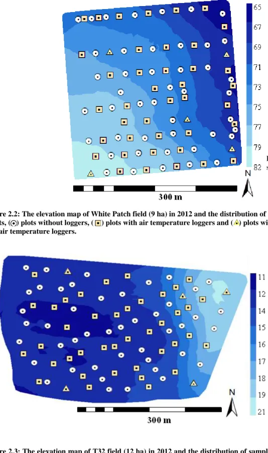Figure 2.3: The elevation map of T32 field (12 ha) in 2012 and the distribution of sampling points (   )  plots  without  loggers,  (      )  plots  with  air  temperature  loggers  and  (      )  plots  with  both  soil  and  air  temperature loggers