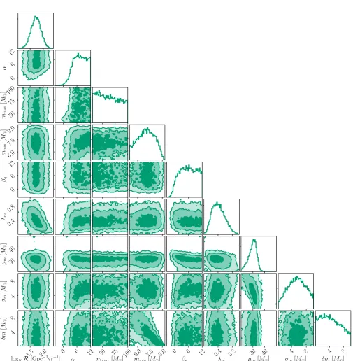 Figure 3.One- and two-dimensional posterior distributions for the hyperparameters describing Model C