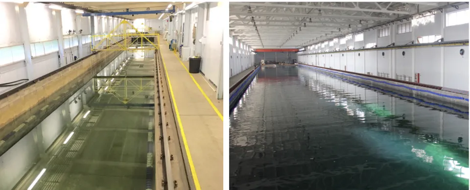 FIGURE 1.THE EXPERIMENTAL FACILITIES USED IN THIS STUDY. LEFT: THE KELVIN TANK; RIGHT; MULTIFUNCTIONAL SHIPMODEL TOWING TANK