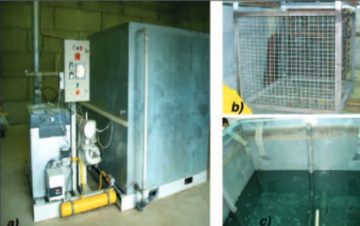 Fig 2: Patented device for hot water treatment of high number of grapevine propagating material in France: a) container part from outside (on the right) and the controller part (on the left) of the device; b) basket for the propagating material to be dippe