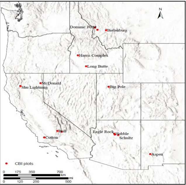 Figure 2.1 Study area of western USA showing the 15 fires from 2008-2010 from the  FIRESEV database