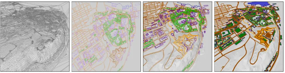 Fig. 3. Various semantic layers related to Quebec City (Canada): (From left to right) road network; old city wall; marina; governmental buildings; houses 