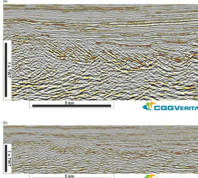 Figure 2. Seismic sections used in the interpretation experiment with (a) 1 : 4 vertical exaggeration and (b) 1 : 2 vertical exaggeration