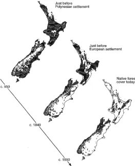 Figure 20.9 The shrinking forest cover of New Zealand, c. 950, 1840, and today. (Taylor & Smith 1997) 