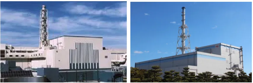 Figure 1:  Stack Structures at Kashiwazaki-Kariwa & Tokai Daini NPPs (photos extracted from www.alamy.com) 