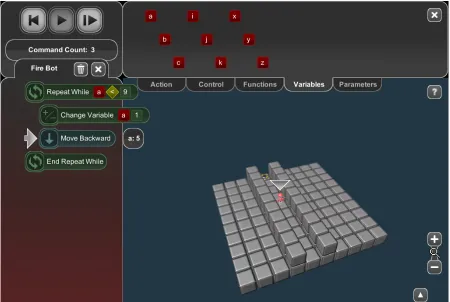 Figure 3.1 An example puzzle in BOTS. On the left is the robot’s program. A pointer indicates the currentinstruction being executed and a window describes the current state of the variables in use