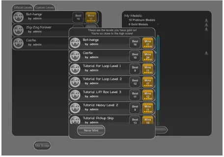 Figure 3.3 Clicking the prompts on the right side of the level editor brings up additional listings of levels.Players looking to improve their overall medal count may ﬁnd new levels to beat here.
