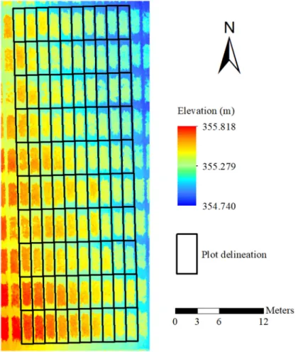 Figure 7. Digital surface model (DSM) map of the investigated 100 plots with plot delineation