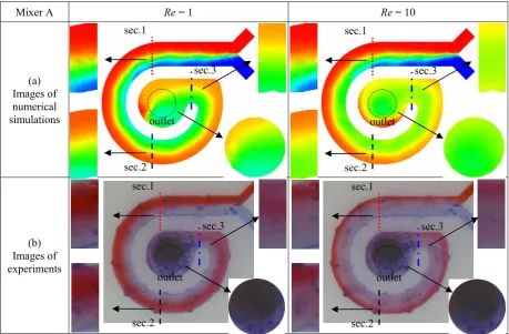 Figure 6. The full-field mixing images from (a) numerical simulations and (b) experiments