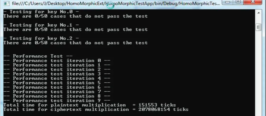 Fig 5.6: Testing Homomorphic Schemes, in this step the Algorithm creates, public key <P> and Client keys <G>, <Y>, <P>, <X> respectively