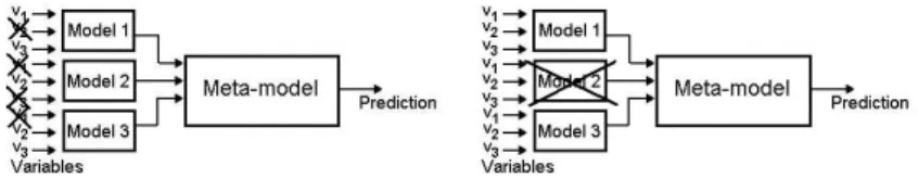 Fig. 1. Feature selection in ensembles: at the elementary level (variable selection, left) and at the meta-level (model selection, right).