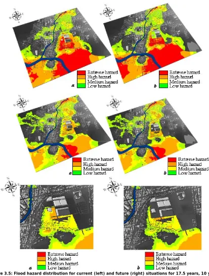 Figure 3.5: Flood hazard distribution for current (left) and future (right) situations for 17.5 years, 10 years  and 5 years return period flood in Naga City 