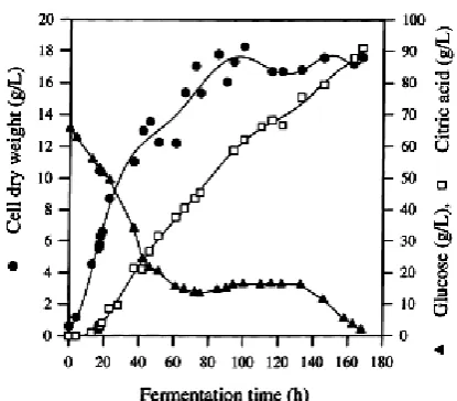 Fig. 1 Time profiles of cell dry weight, glucose and citric  acid 