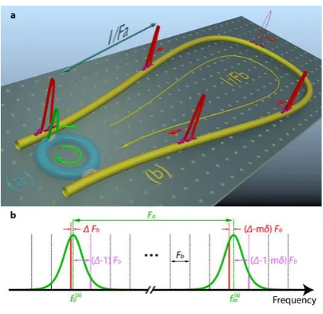 Figure 1. Principle of operation of micro-comb laser cavity-soliton formation. a. A short pulse (green) propagates in the micro-cavity (blue) sustained by a longer pulse (red) and a weak higher-order ‘super-mode pulse’ (purple) in the amplifying loop (yell
