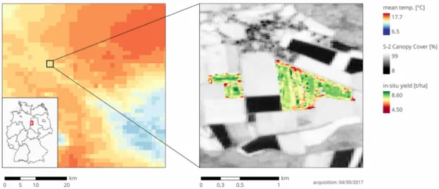 Figure 1. Map of study area and example of rasterized weather datasets in the form of mean air  temperature (left)