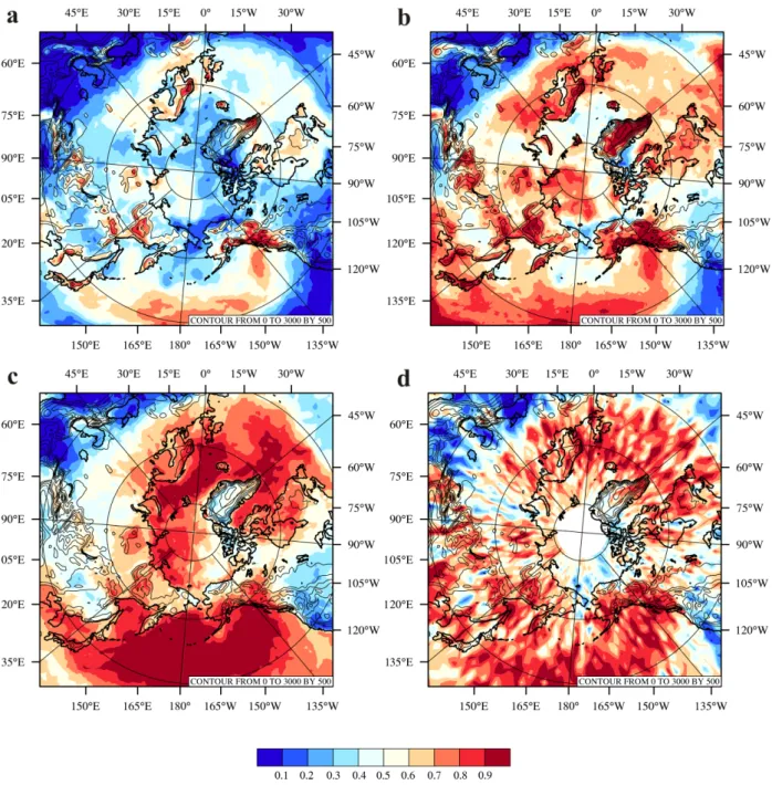 Figure 9. July 2007 (a) Polar WRF monthly average CF based on vertically integrated cloud  water and cloud ice, (b) Polar WRF CFreq defined by the ratio of the 3-h forecasts where the  model CF exceeds zero to the total number of forecasts for July 2007, (
