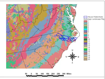 Figure 2-4.  Hydrologic Landscapes of the eastern seaboard including the Neuse Watershed (outlined in blue)