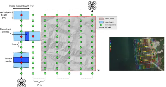 Figure 3. Schematic drawing displaying a typical aerial survey grid used during Unmanned Aerial Vehicle (UAV) mapping (a)