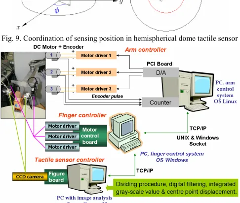 Fig. 9. Coordination of sensing position in hemispherical dome tactile sensor  