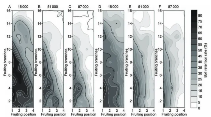 Fig. 2  Boll distribution characteristics in 2012 (A, B, C) and 2013 (D, E, F).  Notations 15 000, 51 000 and 87 000 indicate 15 000,  51 000 and 87 000 plants ha –1 , respectively