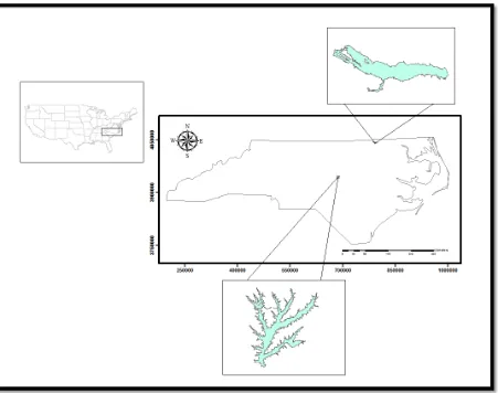 Figure 1. Locations of two NC piedmont reservoirs sampled for hydrilla biomass and hydroacoustic scans; Shearon Harris (bottom 