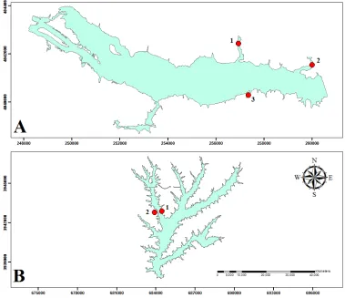 Figure 3. Sampling sites, shown in red, at each corresponding experimental lake location