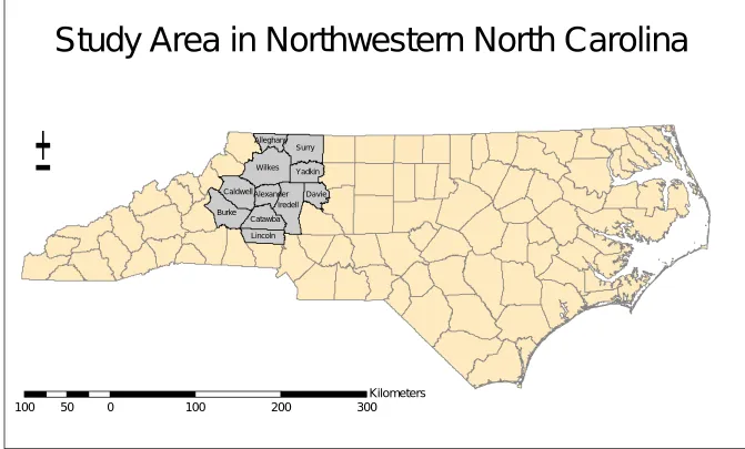 Figure 2.1 11-county study area in Norrth Carolina.