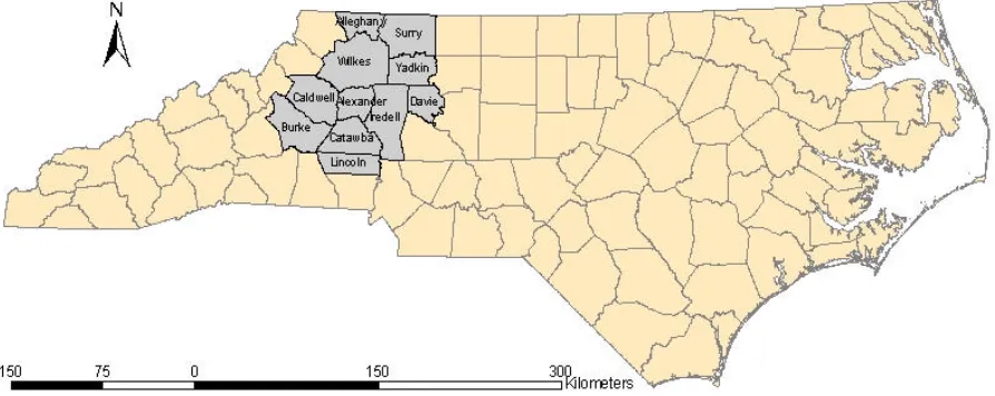 Figure 3.1 11-county study area in North Carolina.  