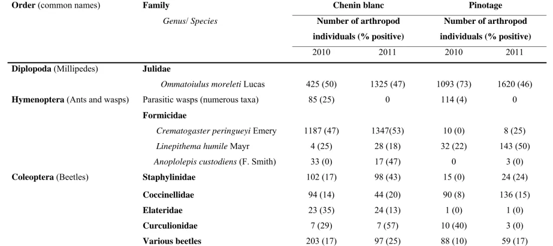 Table 1. Arthropods collected using visual surveys, pruning wound traps as well as trunk and cordon traps during surveys of declining Chenin  blanc and Pinotage vineyards for 2010 and 2011