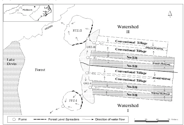 Fig. 1.  Site map of experimental watersheds at the Oxford Tobacco Research Station showing fields, grassed filter zones (GFZ) and forested filter zones (FFZ) 